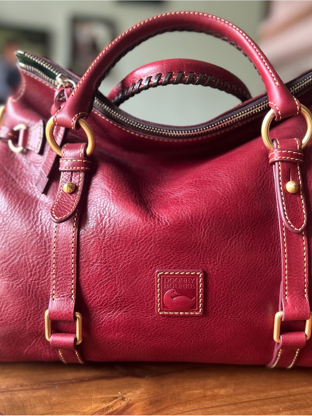 Dooney & Bourke Large Bordeaux Florentine Leather Satchel with Gold Hardware
